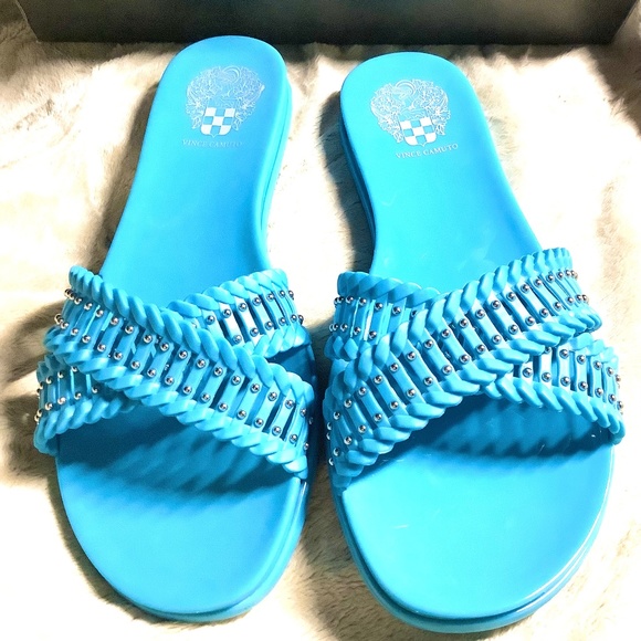 New Women’s Vince Camuto Erinda Jelly Slip On Slide Flatform Silver Stud Aqua 7 - Picture 1 of 5
